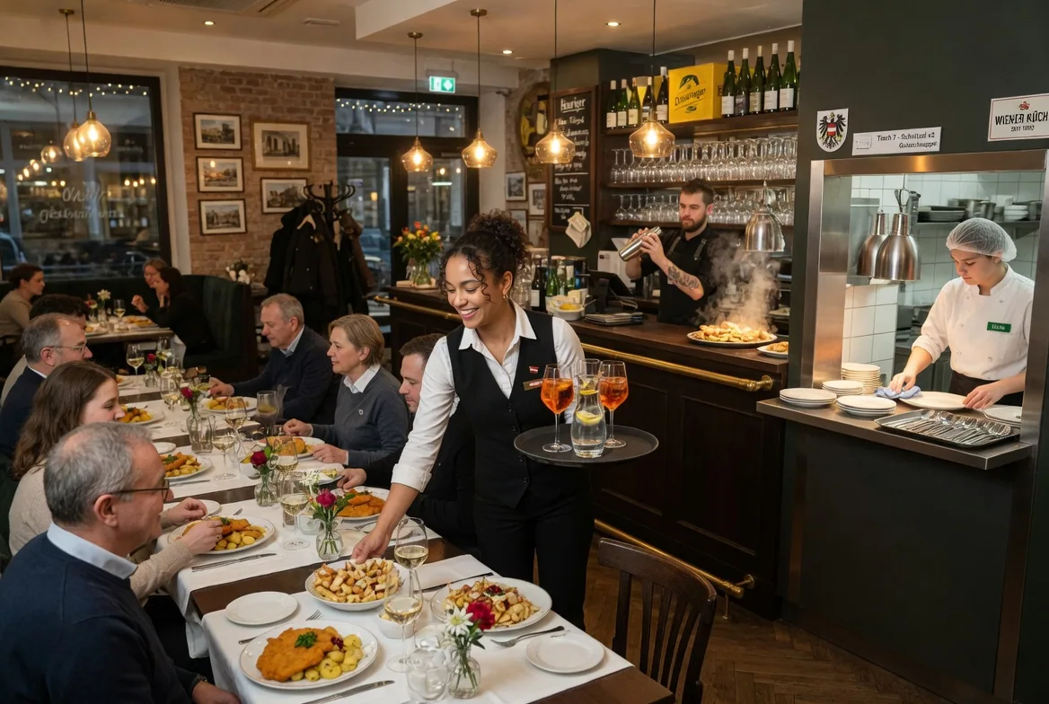 Servicekraft schenkt Wein in einem Restaurant ein
