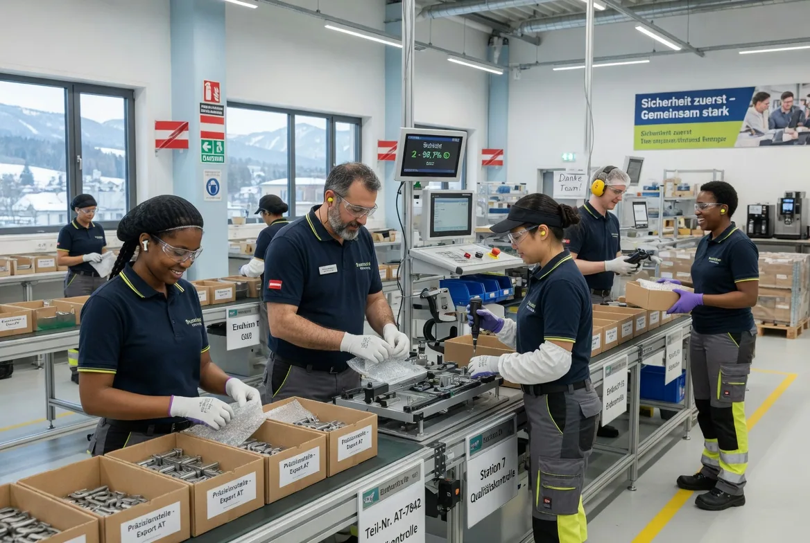 Produktionsmitarbeiter an einer Fertigungsstraße in einer Halle